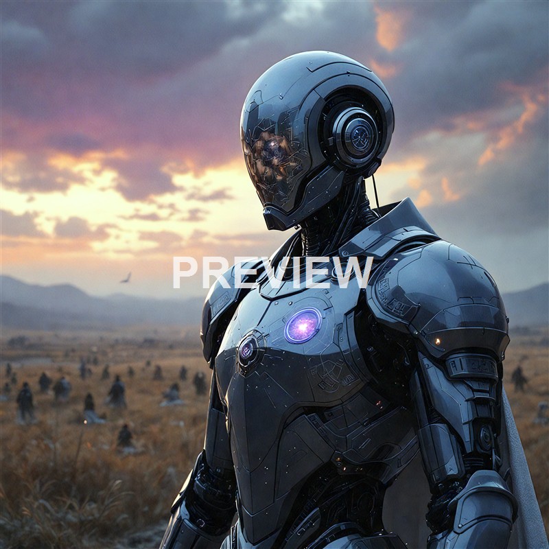 A futuristic humanoid robot with a sleek, black metallic exterior and a glowing purple chest emblem stands in a vast, open landscape during sunset, with a background of mountains and a sky filled with clouds.